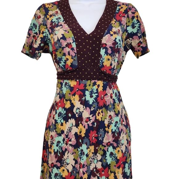 Boden Dress Size 4 Floral Tea Dress Tie Waist Short Sleeve - Picture 2 of 11